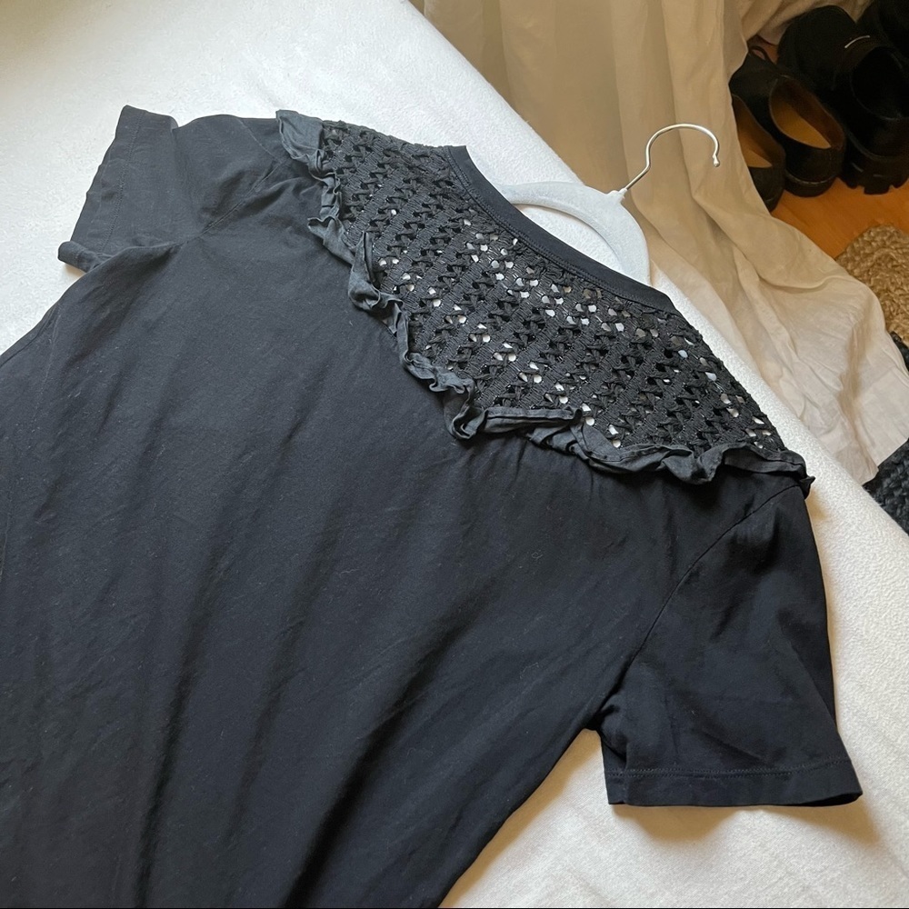 Sandro Paris black mesh insert contrast ruffle short sleeve T-shirt - Picture 2 of 5